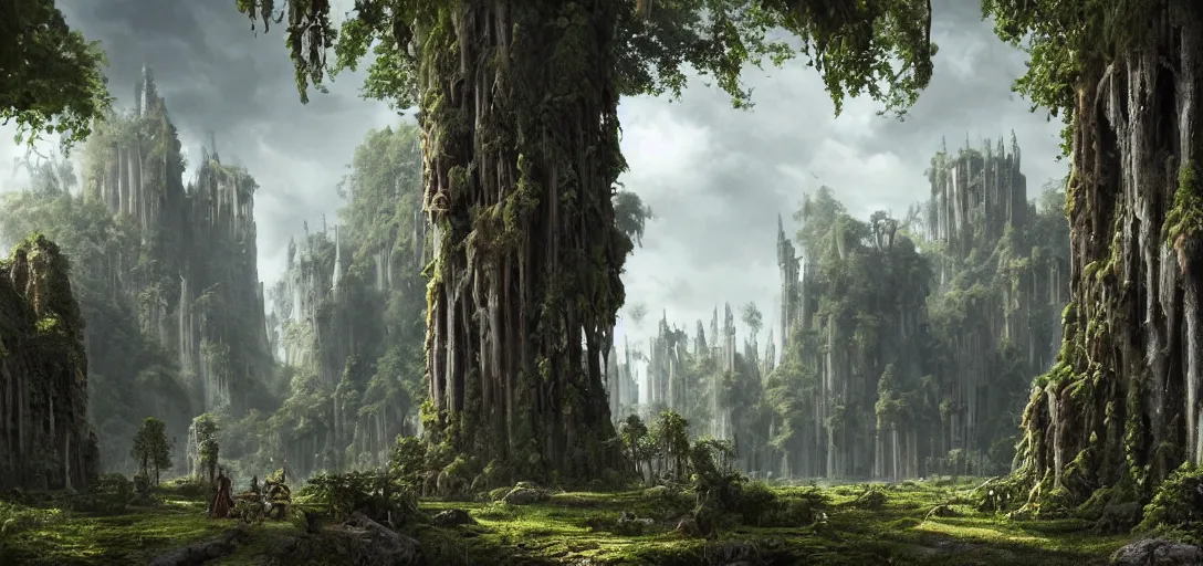 Image similar to gigantic palace-castle adorned pillars, towers, gnarly trees, lush vegetation, forrest, landscape, raphael lacoste, eddie mendoza, alex ross, concept art, matte painting, highly detailed, rule of thirds, dynamic lighting, cinematic, detailed, denoised, centerd