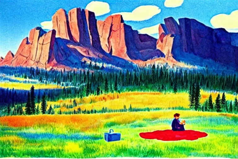 Prompt: ( ( ( ( ( ( ( a beautiful picnic scene in the rocky mountains ) ) ) ) ) ) ) by eric carle!!!!!!!!!!!!!!! detailed,