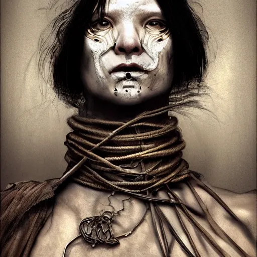 Image similar to portrait of a Shibari rope wrapped face and neck, headshot, insanely nice professional hair style, dramatic hair color, digital painting, of a old 15th century, old cyborg merchant, amber jewels, baroque, ornate clothing, scifi, realistic, hyperdetailed, chiaroscuro, concept art, art by Franz Hals and Jon Foster and Ayami Kojima and Amano and Karol Bak,