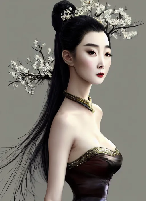 Image similar to beautiful chinese fashion goddness like fanbingbing, strapless dress, character portrait in the style of thomas river and artgerm, wlop, cinematic lighting, hyperdetailed, 8 k realistic, symmetrical, global illumination, radiant light, halo, love and mercy, frostbite 3 engine, cryengine, dof, trending on artstation, digital art, chanel