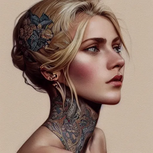 Image similar to ultra realistic illustration, a hot and beautiful tattooed blonde slavic woman in her 3 0's, intricate, elegant, highly detailed, digital painting, artstation, concept art, smooth, sharp focus, illustration, art by artgerm and greg rutkowski and alphonse mucha