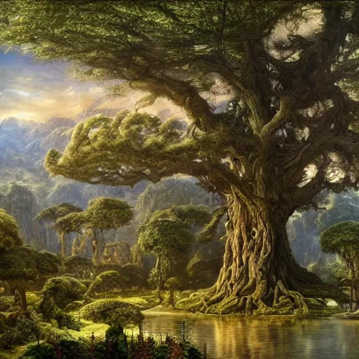 Image similar to a beautiful and highly detailed matte painting of a giant tree in a magical garden in lush forest in the valley of dreams, intricate details, epic scale, insanely complex, 8 k, sharp focus, hyperrealism, very realistic, by caspar friedrich, james gurney, brian froud,