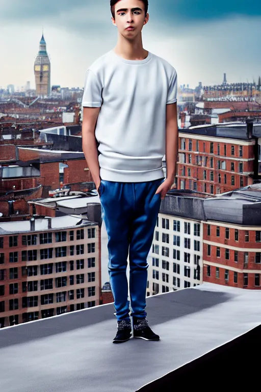 Image similar to un ultra high definition studio quality photographic art portrait of a young man standing on the rooftop of a british apartment building wearing soft padded silver pearlescent clothing. three point light. extremely detailed. golden ratio, ray tracing, volumetric light, shallow depth of field. set dressed.