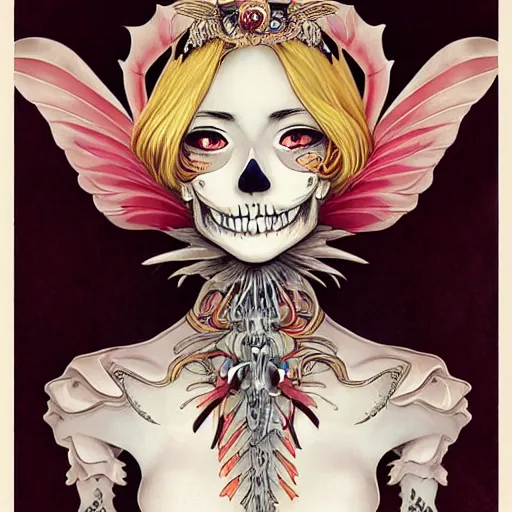 Image similar to anime manga skull portrait young woman clownskeleton, tiara, wings, intricate, elegant, highly detailed, digital art, ffffound, art by JC Leyendecker and sachin teng