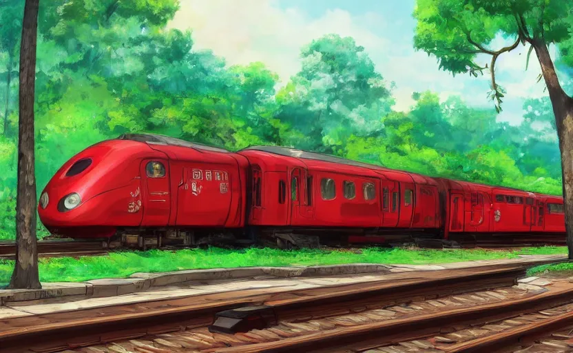 Prompt: a red train parked in a train station near a forest, anime style, pixar and disney style, cartoon, high coherence, highly detailed, high quality, 4 k, symmetrical, low contrast, soft lighting, path traced, high color vibrance, hyperrealistic, digital art, concept art, trending on deviantart, masterpiece, digital painting, serene scene