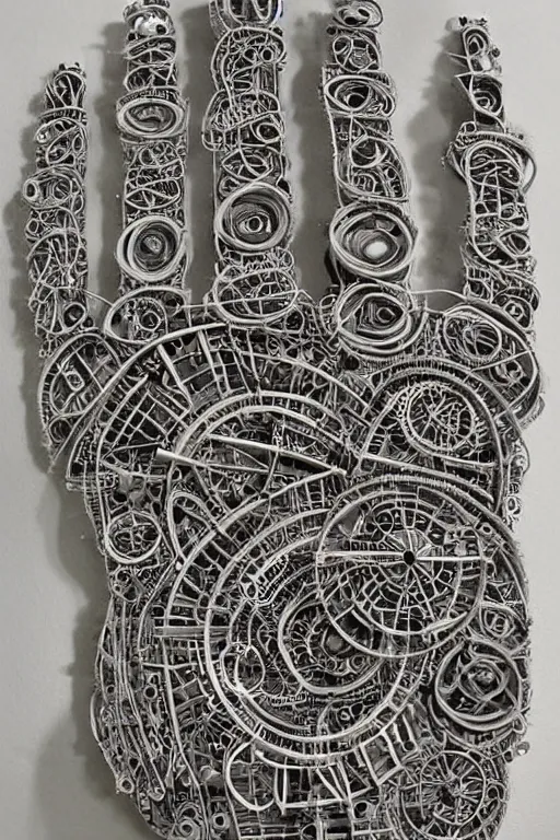 Image similar to cybernetic robotic hand made of intricate gears, wires and ceramics, engraved with sanskrit writing