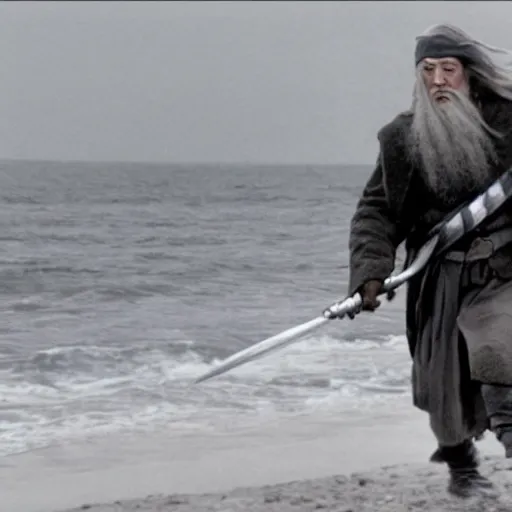 Prompt: film still of Gandalf storming Normandy beach, still from Saving Private Ryan