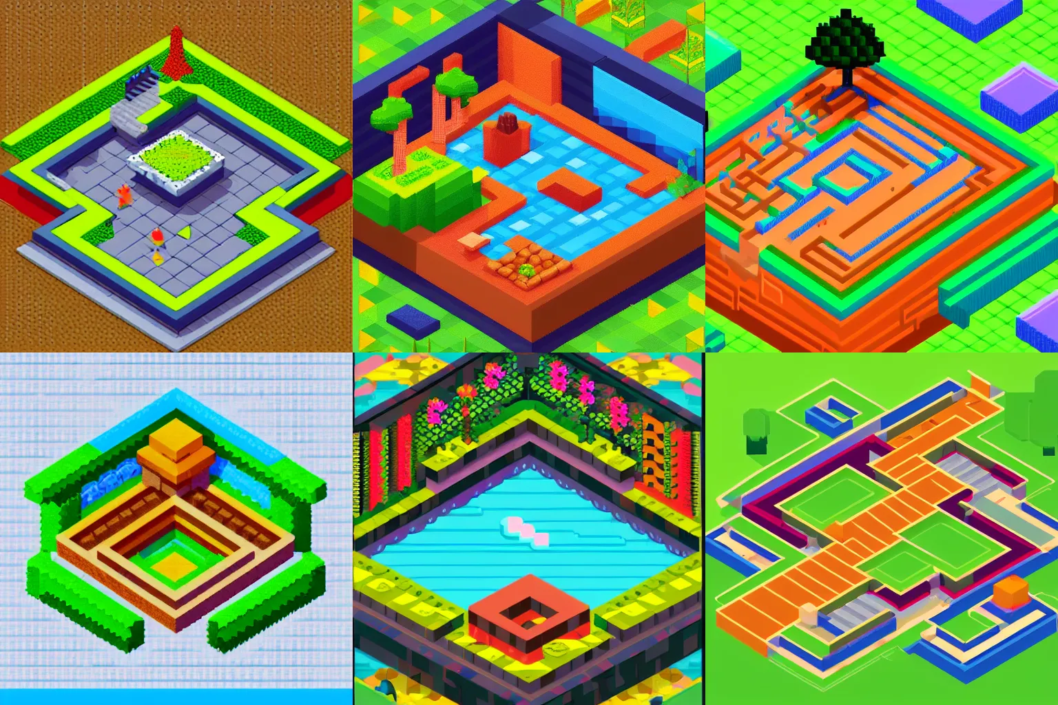 Prompt: Isometric zen garden, pixel art, vibrant colors