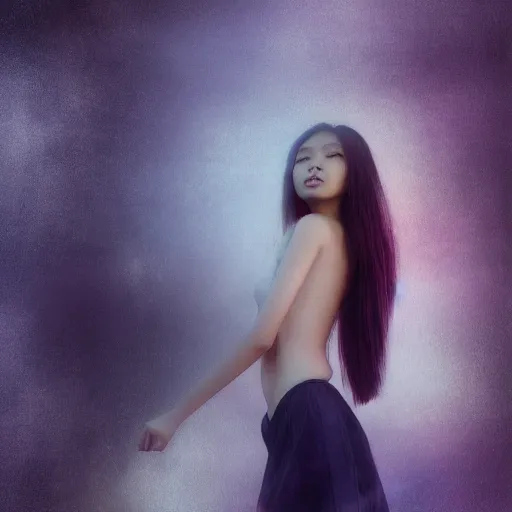 Image similar to a thin, pretty young Filipino woman with long hair floats in a dreamy world, full body view, very beautiful, inspiring, dramatic lighting, abstract digital art, trending on artstation