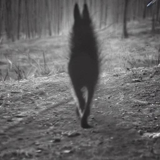 Image similar to bad quality blurry nightfootage nightcam black and white trailcam footage of native weird distorted human body Skinwalker transforming into a coyote, low resolution, compressed