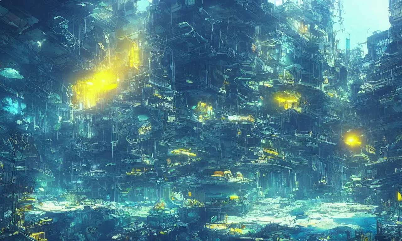 Prompt: “A scenic view of an abandoned underwater cyberpunk city from below, butterflyfish, jellyfish, sunlight, high definition, light effect, trending on artstation, blue and yellow color scheme”