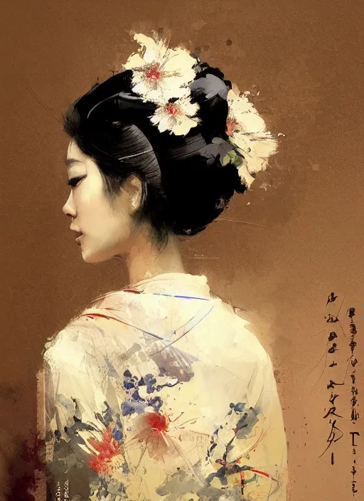 Image similar to female geisha girl, beautiful face, intricate outfit, spotlight, by greg rutkowski, by jeremy mann, digital painting