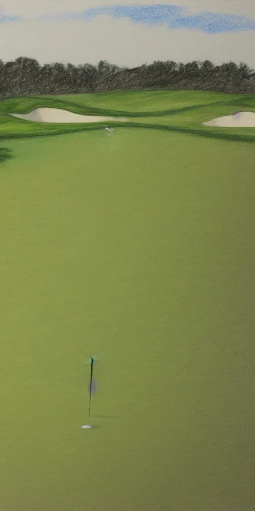 Image similar to top down pencil and oil drawing of a golf course, minimalistic, flat, high res