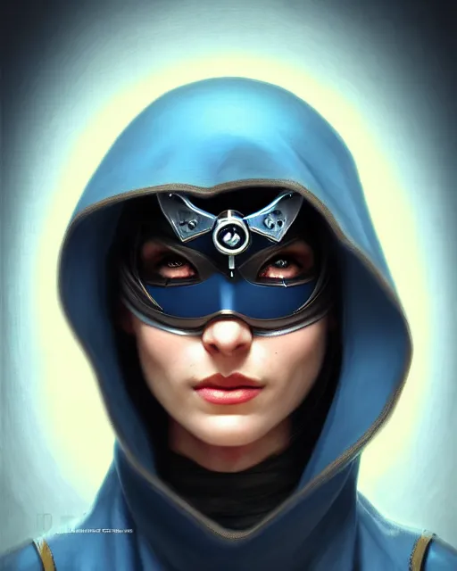 Prompt: ana from overwatch, blue hooded cloak, eye patch, blavk eye patch over one eye, older woman, character portrait, portrait, close up, highly detailed, intricate detail, amazing detail, sharp focus, vintage fantasy art, vintage sci - fi art, radiant light, caustics, by boris vallejo