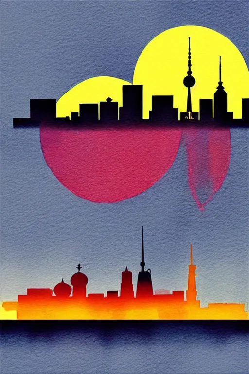 Image similar to minimalist watercolor art of berlin skyline at sunset, illustration, vector art