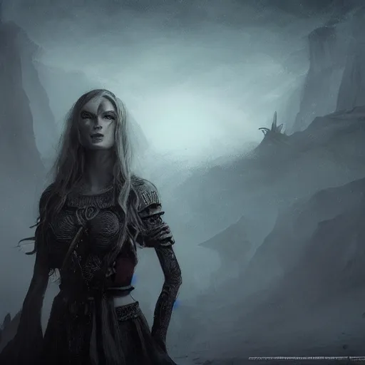 Prompt: stunning otherworldly viking queen of beauty, dark and mysterious, atmospheric, ominous, eerie, cinematic, Epic, 8k, 4k, ultra detail, ultra realistic, rendered by awesomeness by charlie bowater