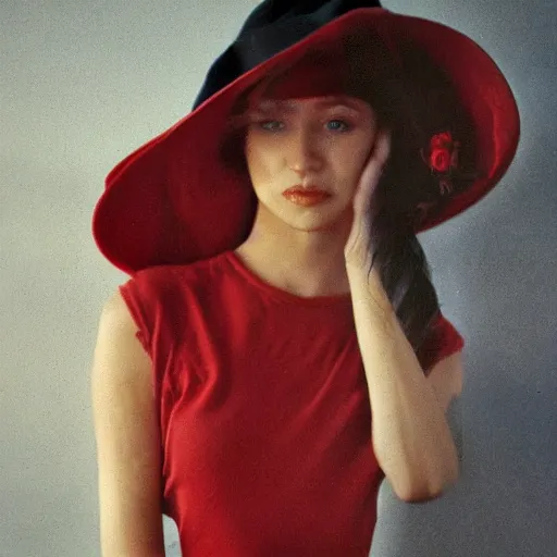 Image similar to beauty photographic portrait of half - length portrait of stunning girl in a red hat and black dress, kodak portra 4 0 0, 8 k, soft light, volumetric lighting, highly detailed,,