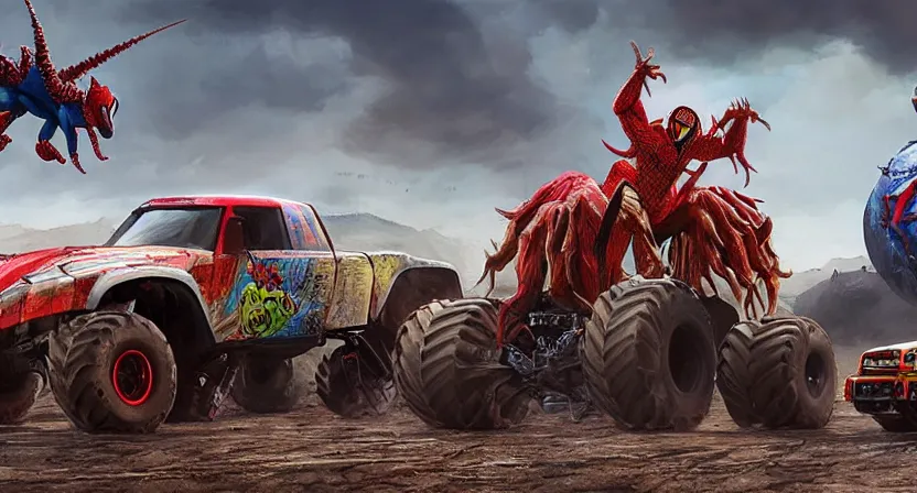 Prompt: a Unicorn monster truck and a Spiderman monster truck in an arena with cheering fans, concept art by Doug Chiang cinematic, realistic painting, high definition, digital art, symmetrical, very detailed, extremely high detail, photo realistic, concept art, unreal engine 5,