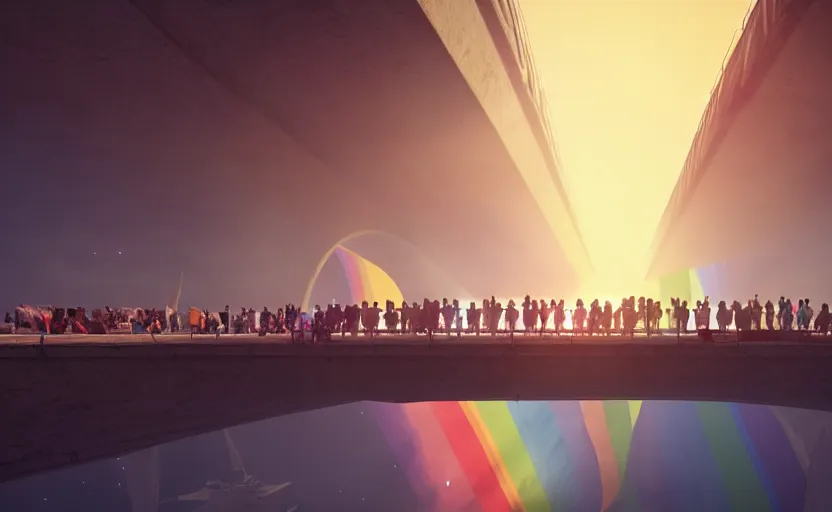 Image similar to incredible, mindblowing, refugees crossing a beautiful bridge made of rainbow hardlight, floating city in the sky, matte painting, artstation, cgsociety, dramatic lighting, concept art, octane render, arnold 3 d render