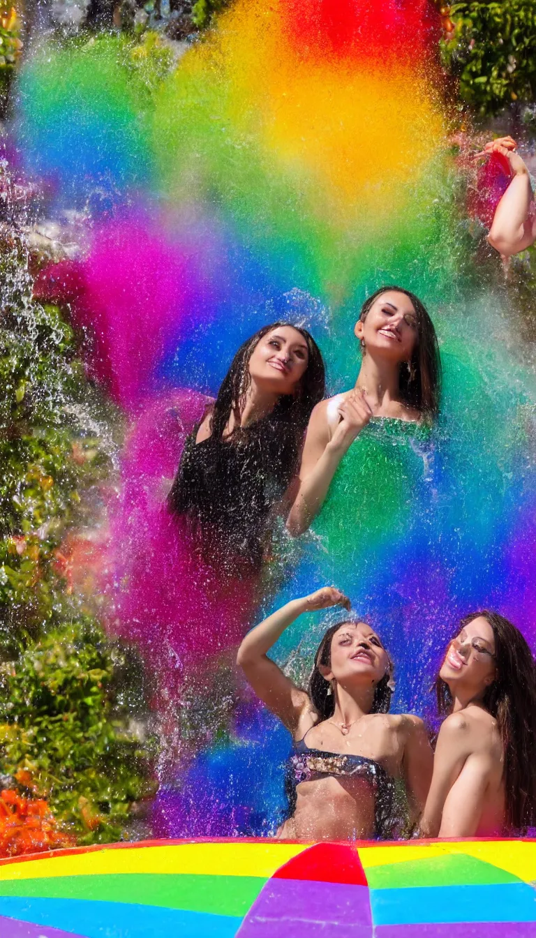 Image similar to 2 Beautiful women under the rainbow fountain, very beautiful, attractive, 4k,