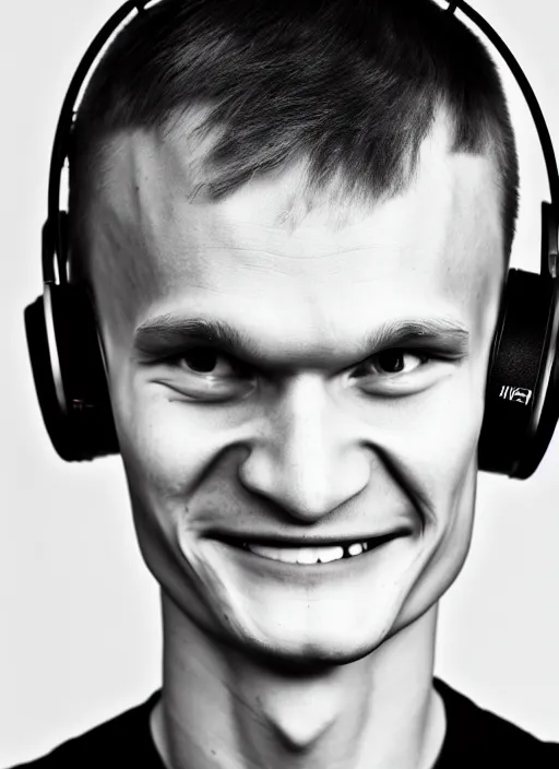 Image similar to beautiful smiling face, perfect symmetric face, coherent eyes, medium shot. vitalik buterin in headphones. vitalik buterin, medium shot, pixar style, high detail, very sharp, 4 k