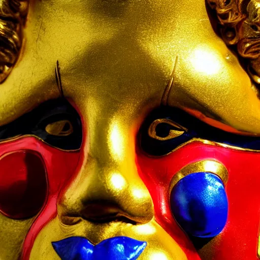 Image similar to a close up photo of a detailed golden statue of a clown, 8K,