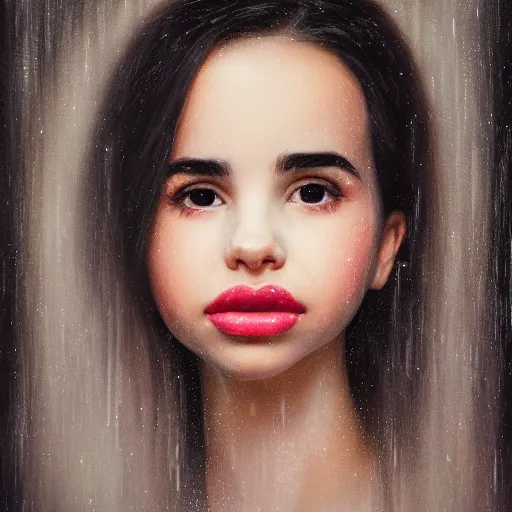 Image similar to cinematic portrait of sofia carson, perfect face, neon rain, delicate, elegant, by alyssa monks, highly detailed, symmetrical face, fine details, masterpiece, trending on artstation