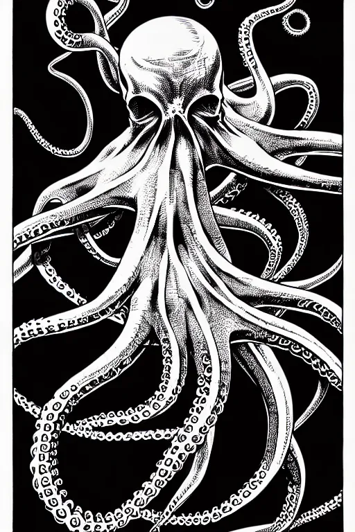 Image similar to side view of an octopus sitting on pile of skulls, high details, bold line art, by vincent di fate and joe fenton, inking, etching, screen print, masterpiece, trending on artstation, sharp, high contrast, hyper - detailed, hd, 4 k, 8 k