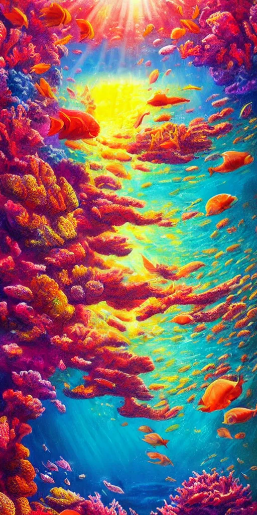 Image similar to underwater coral reef landscape magical realism painting with sun rays coming from above, neon pastel colors