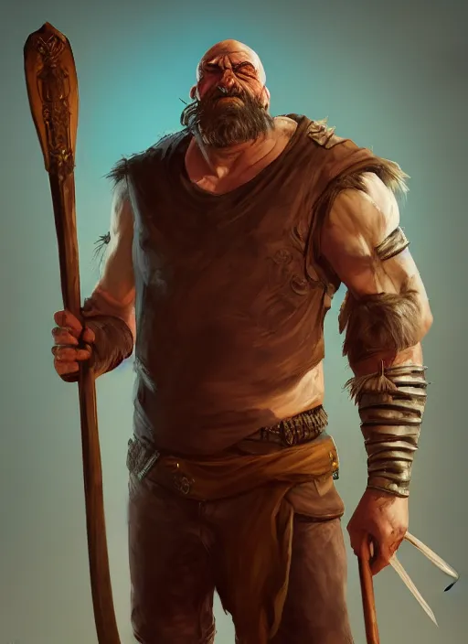 Image similar to an epic fantasy comic book style portrait painting of a rough yet lean man with a cudgel who oversees children in the man, unreal 5, daz, hyperrealistic, octane render, cosplay, rpg portrait, dynamic lighting