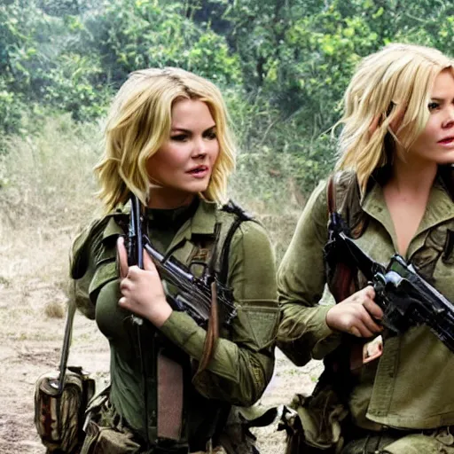 Image similar to elisha cuthbert and mary elizabeth winstead as a commandos in a jungle battlefield