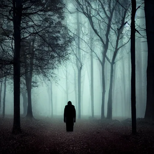 Image similar to God walks alone through the woods at night, gloomy, dark, foggy, night, ominous, dark color, atmospheric, cinematic lighting, intricate detail?