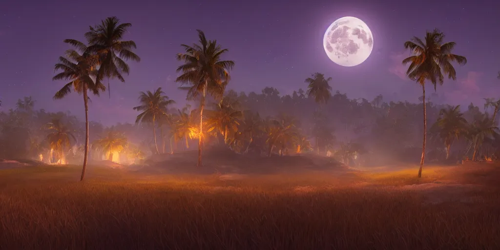 Image similar to Lively moonlit landscape of a kerala village, realistic detailed digital art by Maxwell Boas Jessica Rossier Christian Dimitrov Anton Fadeev trending on Artstation CGSociety rendered in Unreal Engine 4k HQ