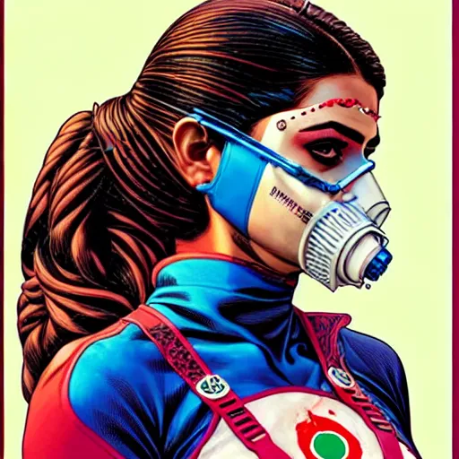 Image similar to a profile photo of a pakistani woman with a diving oxygen mask with side profile blood in ocean intricate details by MARVEL comics and Sandra Chevrier-C