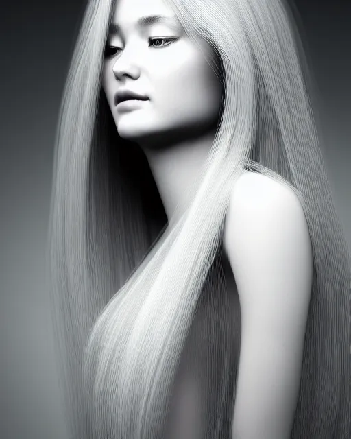 Prompt: a bw photorealistic portrait of a beautiful female translucent bio mechanical vegetal goddess with long silver hair, dreamy, elegant photorealistic, cinematic, octane render,