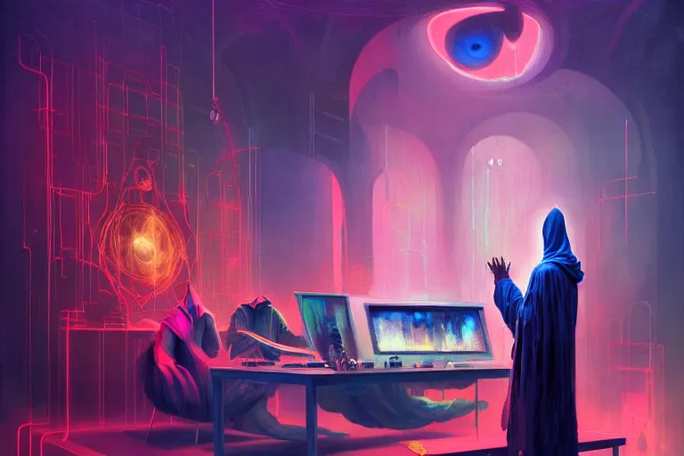 Prompt: a beautiful masterpiece painting of a technomancer wizard in robes with pointed hood discussing sentience with his synthesized AI djinn in his laboratory near a computer by Remedios Varo and Anato Finnstark and Greg Rutkowski, dayglo pink, dayglo blue, dazzle camouflage, 8k, trending on ArtStation