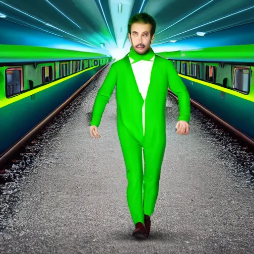 Image similar to man in green screen suit running away from a blue train, highly detailed, 4k, green neon lighting