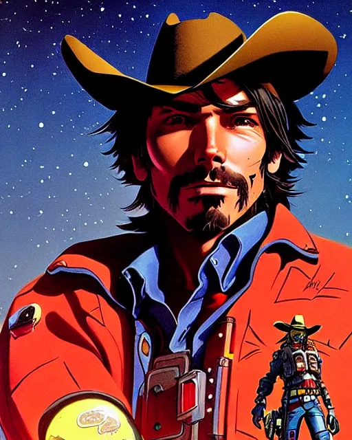 Image similar to mccree from overwatch, space cowboy, outter space, character portrait, portrait, close up, concept art, intricate details, highly detailed, vintage sci - fi poster, retro future, vintage sci - fi art, in the style of chris foss, rodger dean, moebius, michael whelan, and gustave dore