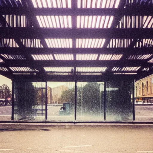 Image similar to 1990s perfect 8K HD professional cinematic photo of a bus stop in dystopian world, at evening during rain, at instagram, Behance, Adobe Lightroom, with instagram filters, depth of field, taken with polaroid kodak portra