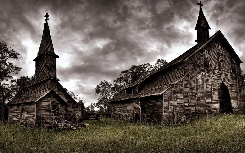 Prompt: a wooden church rotting away in the bayou, realistic, dynamic composition, dramatic lighting, ultra detailed