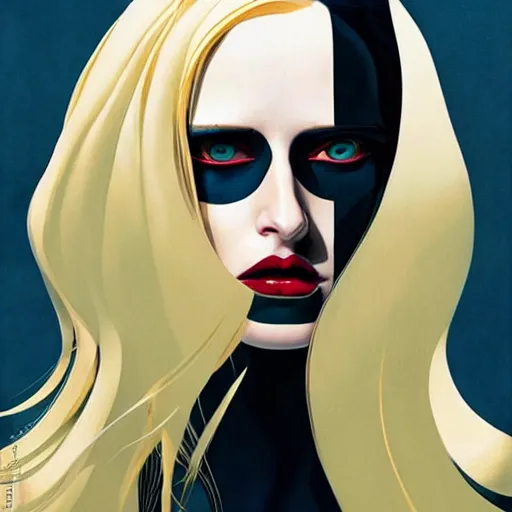 Image similar to Joshua Middleton artwork, wide shot, stunning elegant female Eva Green, futuristic spy, tribal mask, beautiful evil sneer, symmetrical face, symmetrical eyes, leather clothing and boots, long straight golden hair, full body, Indigo occult pattern