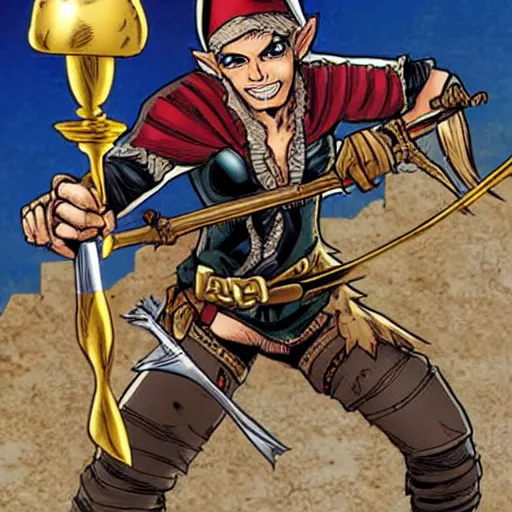 Prompt: a pirate elf holding a saber made of gold by Humberto Ramos and Mark Robinson
