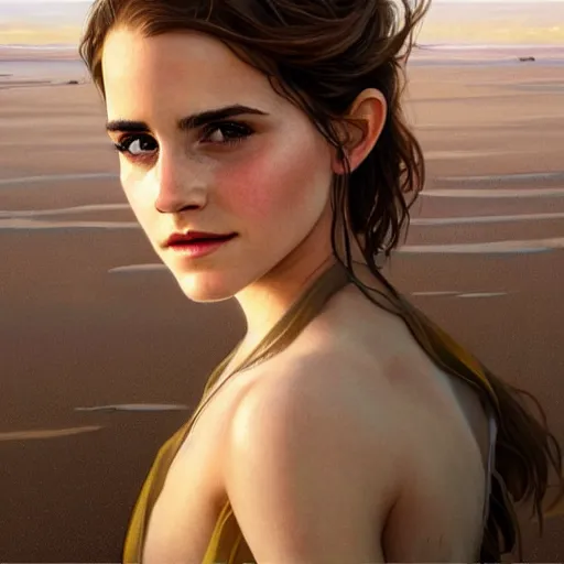 Prompt: ultra realistic illustration, wide angle shot, emma watson on a beach, intricate, elegant, highly detailed, digital painting, artstation, concept art, smooth, sharp focus, by artgerm and greg rutkowski and alphonse mucha