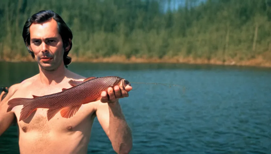 Prompt: 7 0 s movie still of thierry baudet in speedo, proudly holding a salmon on a fishing trip in siberia. cinestill 8 0 0 t _ 3 5 mm eastmancolor, heavy grain, high quality, high detail