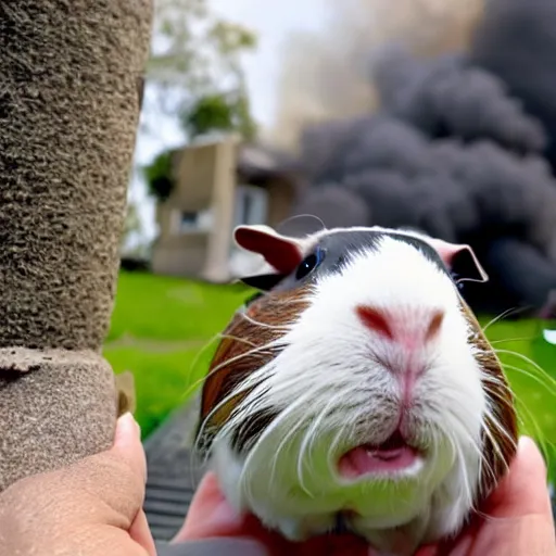 Image similar to a Guinea pig taking a selfie in front of a burning house