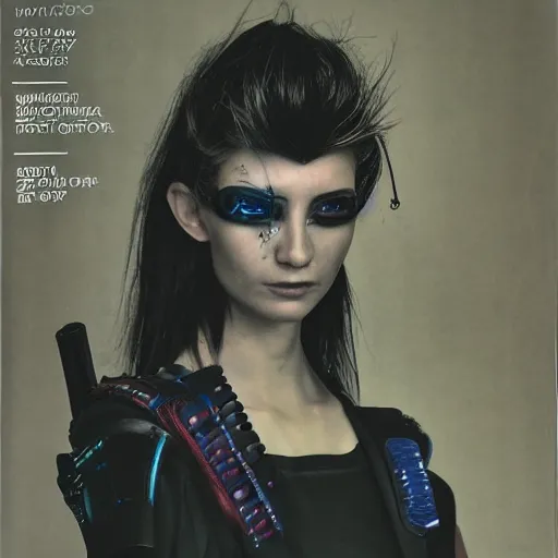 Image similar to vogue magazine head and shoulders portrait photo of a cyberpunk samurai