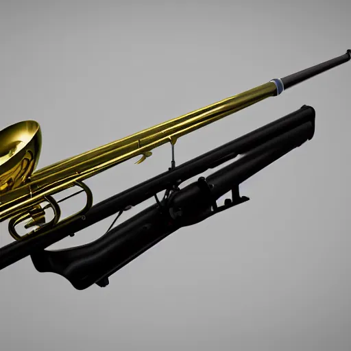 Prompt: trumpet gun, a trumpet with a trigger, magazine, and stock, high quality, unreal engine 5 render, high quality render, octane render, photo realistic, ultra detail, cinematic lighting, realistic