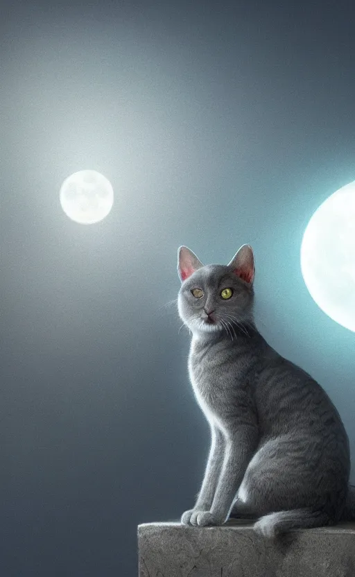 Prompt: a grey cat with blue eyes looking at the moon, volumetric lighting, glowing lights, 4k, octane, digital painting, artstation, sharp focus, illustration, cinematic film still, art by artgerm and greg rutkowski and alphonse mucha,