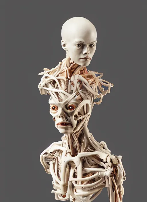 Image similar to a bust sculpture of anatomical detailed wood cyborg, emma stone, green blod, become human, ceramic base, orthographic, studio lighting