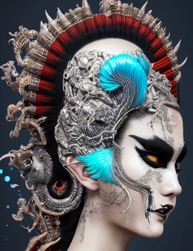 Image similar to 3 d goddess close - up profile portrait punk with mohawk with ram skull. beautiful intricately detailed japanese crow kitsune mask and clasical japanese kimono. betta fish, jellyfish phoenix, bio luminescent, plasma, ice, water, wind, creature, artwork by tooth wu and wlop and beeple and greg rutkowski